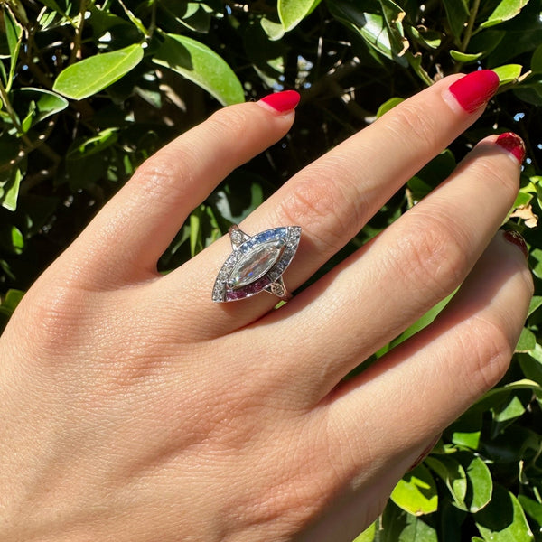 Antique Art Deco Diamond, Ruby & Sapphire Ring in Platinum