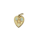 Engraved Heart Charm in 14k with Blue Enamel Flowers