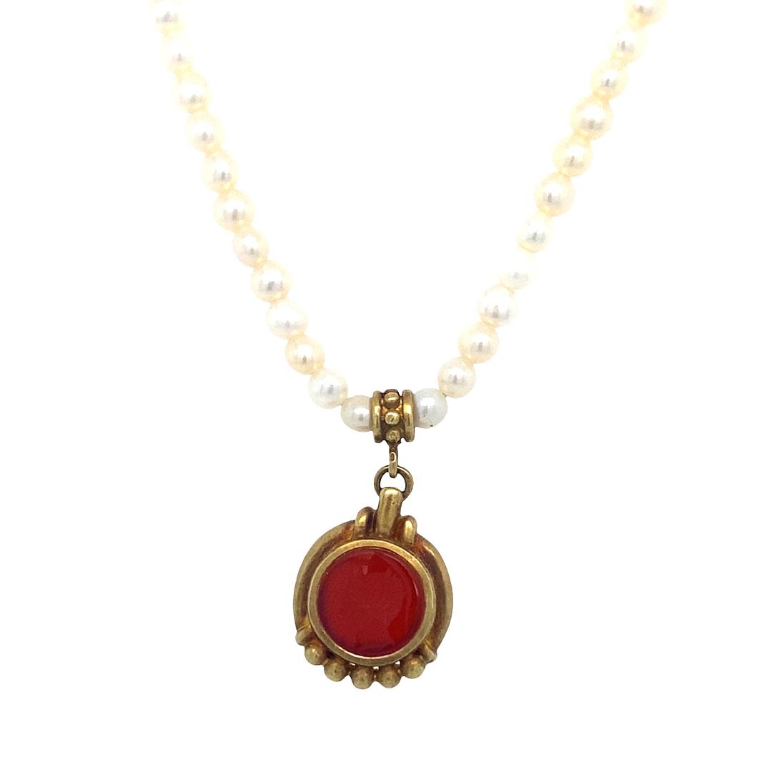 Vintage Carved Carnellian Pendant in 18K on a Pearl Necklace with 14K Clasp