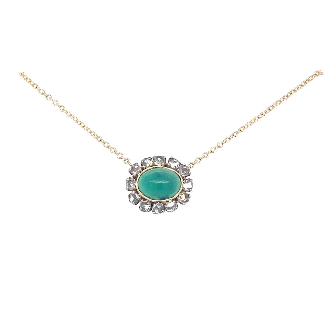 Cabochon Emerald and Rose cut Diamond Pendant Necklace in 14K