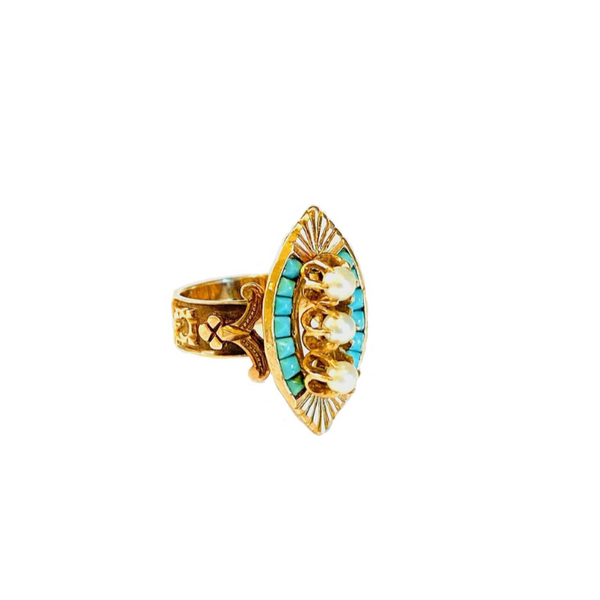 Turquoise and Pearl Ring in 14K