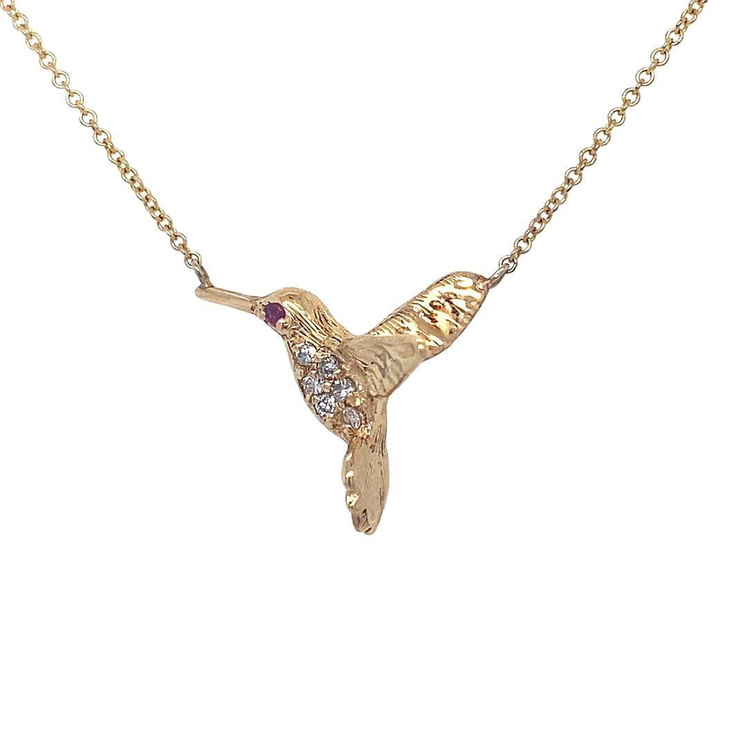 Reimagined Humming Bird Pendant in 14K Gold With Diamonds and Rubies