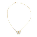Carved White Mother of Pearl Diamond Butterfly Necklace in 14k