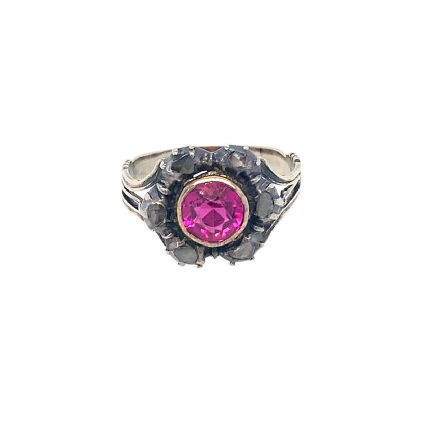 Antique Synthetic Ruby Ring with Old Cut Diamonds in Gold and Silver