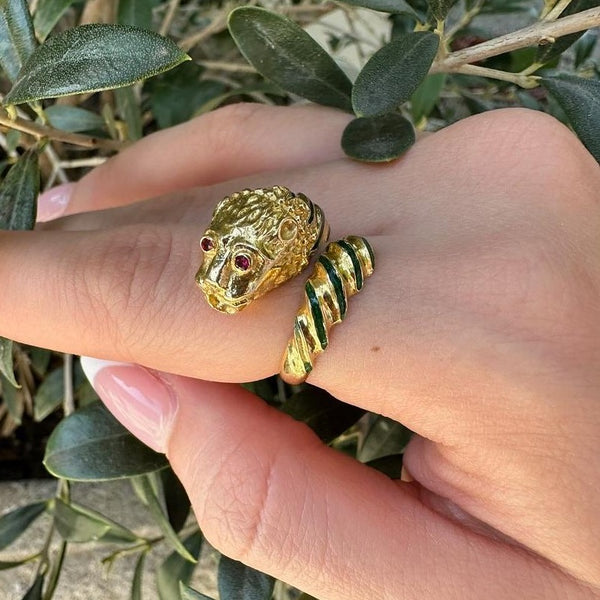 Lion Bypass Ring in 14k and Enamel w/ Ruby Eyes