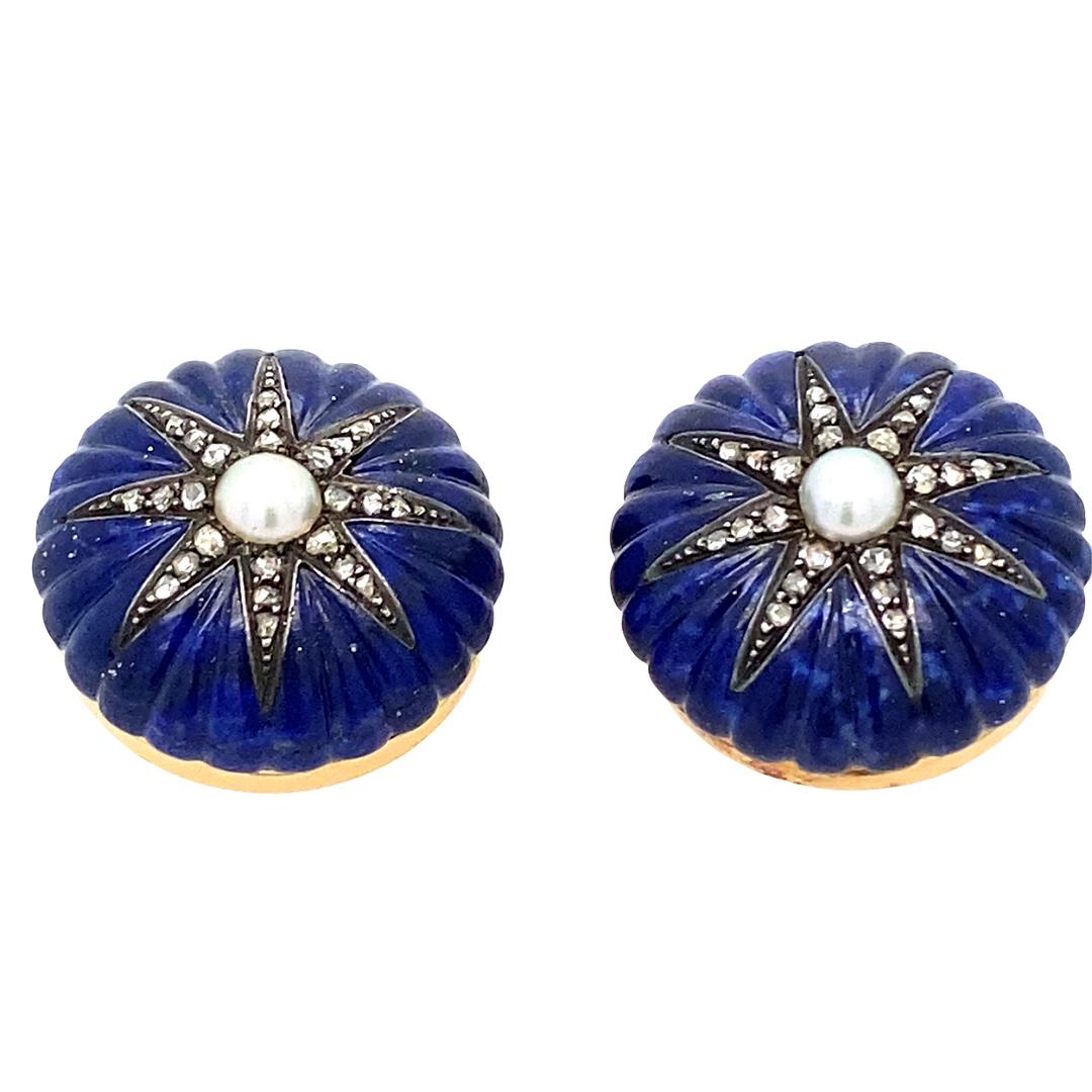 Vintage Lapis, Diamond, and Pearl Earrings in 9k