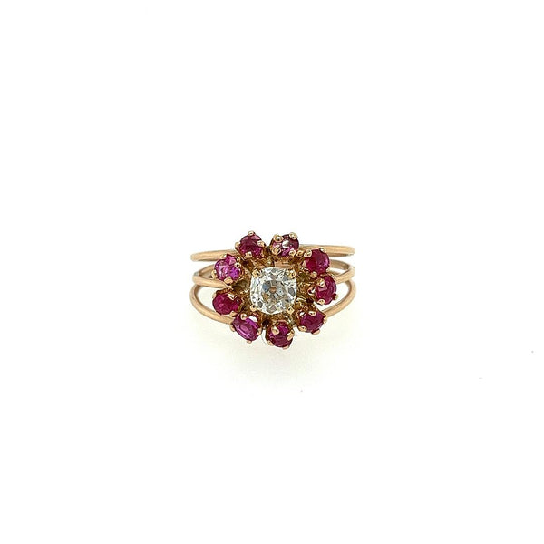 Vintage Ruby & Diamond Flower Ring in 14K