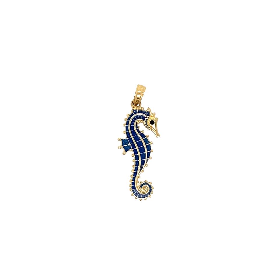 Seahorse Charm with Blue Enamel in 14k