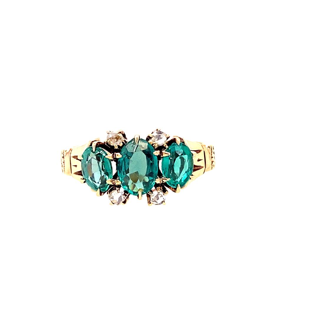 Vintage Etched Emerald Ring With Diamonds in 14K