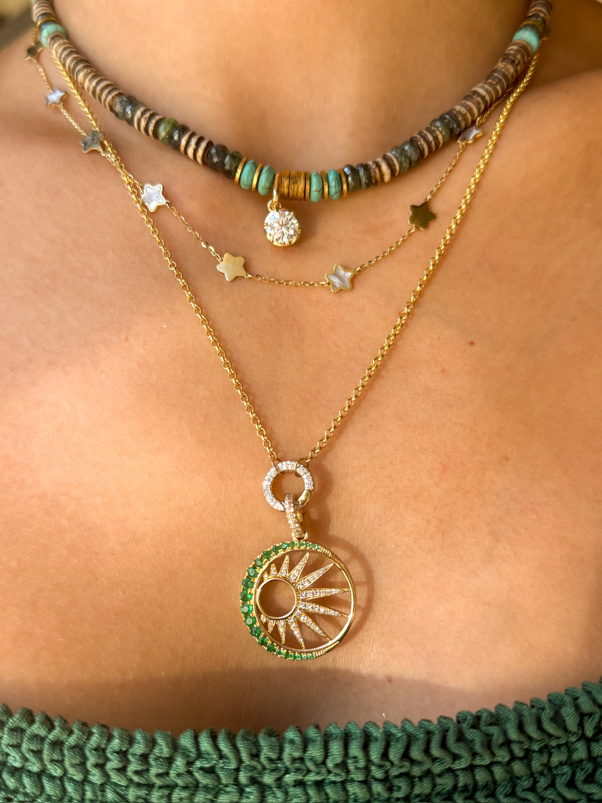 Diamond & Emerald Sun & Moon Clip Charm in 14k