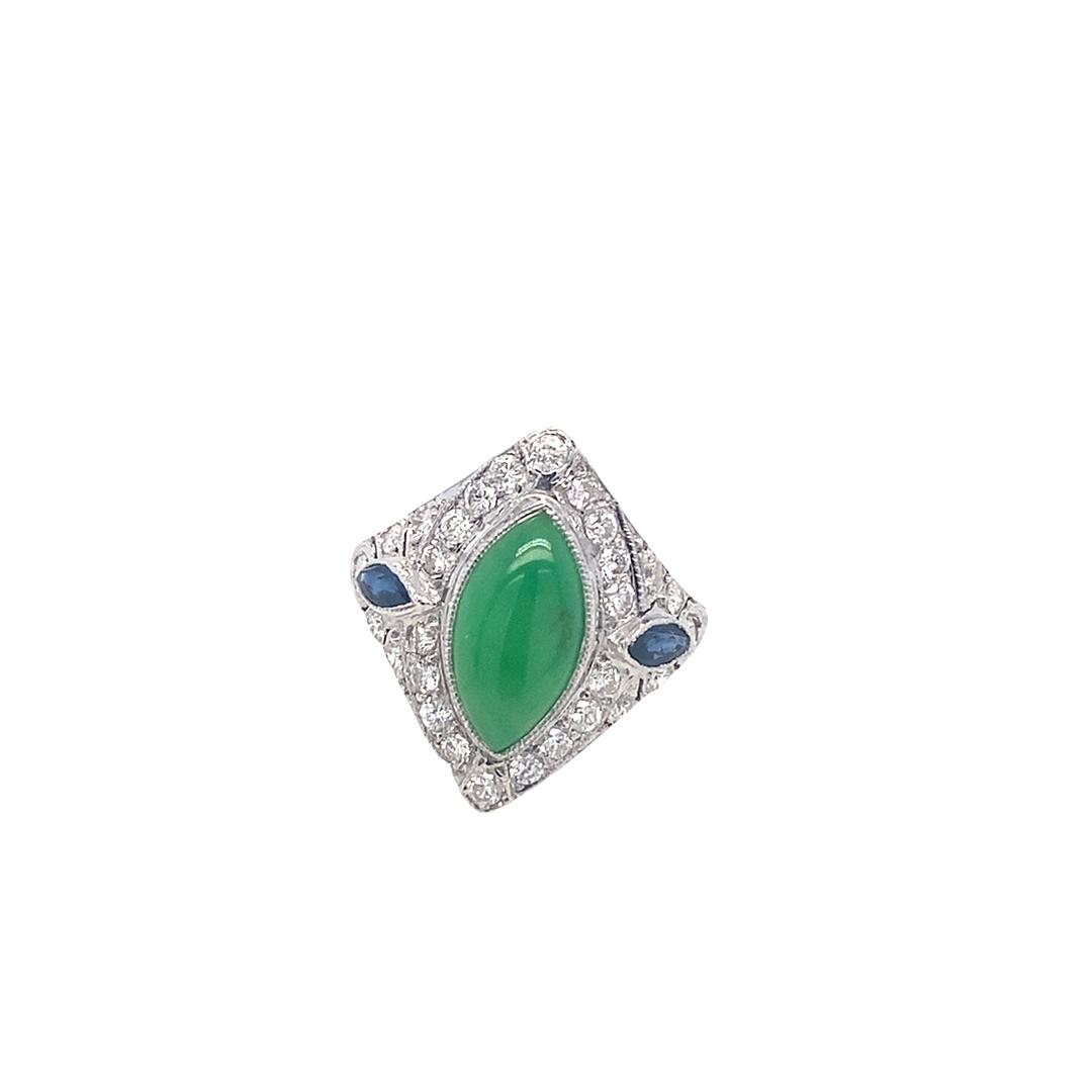 Vintage Jade, Sapphire and Diamond Ring in 18K White Gold