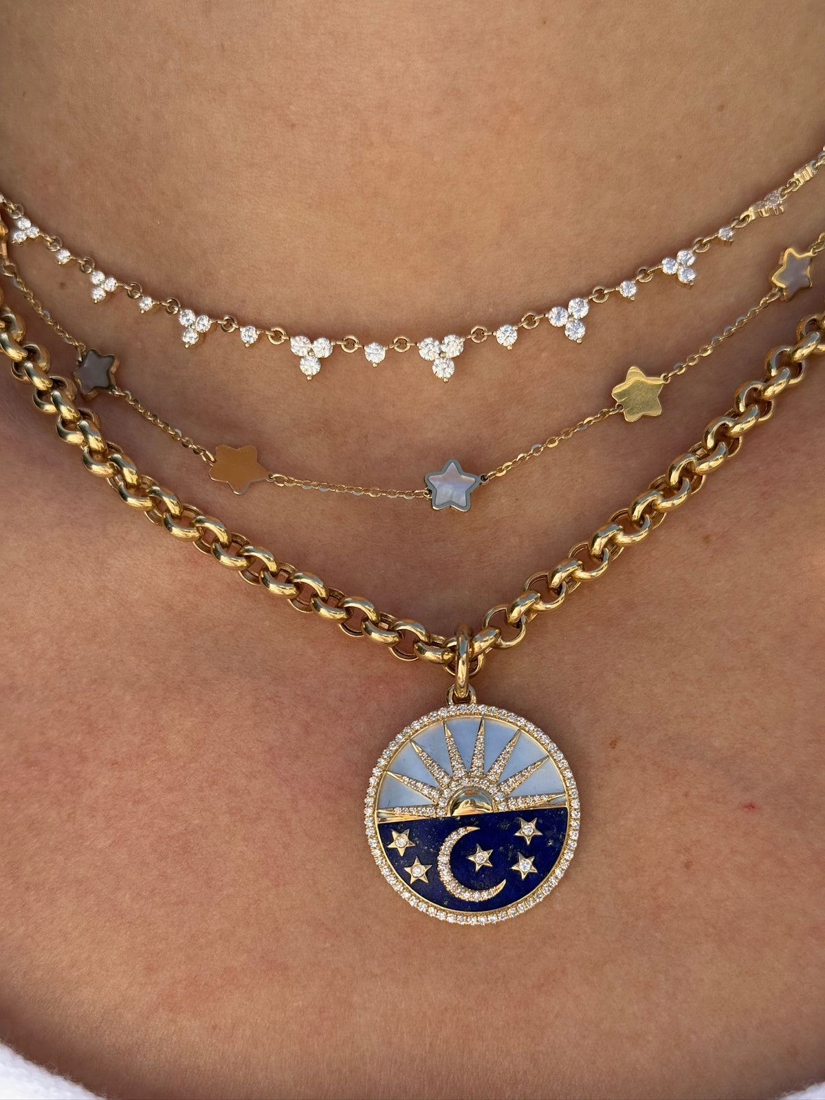 Setting Sun Moon and Stars Clip Charm with Mother of Pearl, Lapis, and Diamonds in 14k