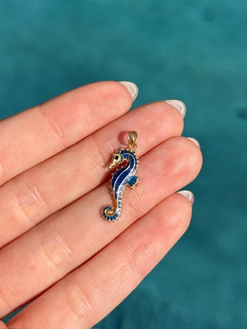 Seahorse Charm with Blue Enamel in 14k