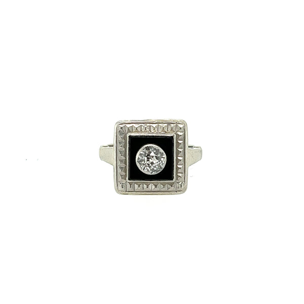 Vintage Diamond Ring w/ Black Onyx in 14K White Gold