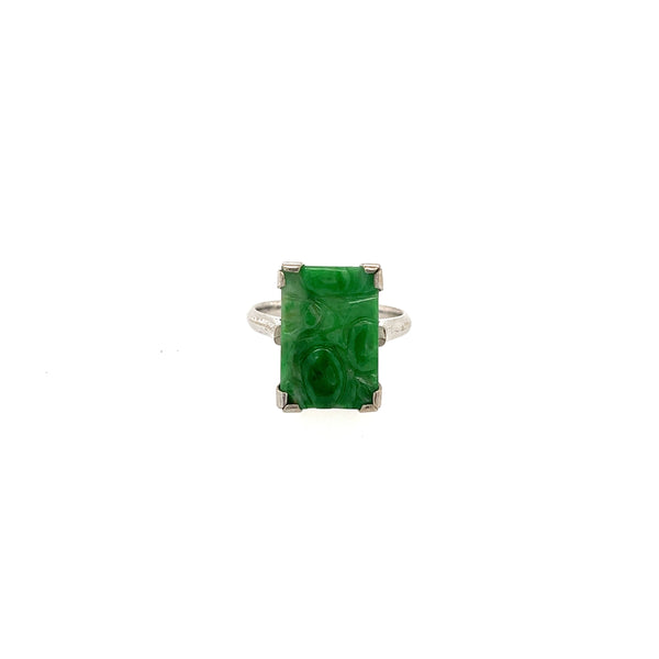 Vintage Carved Jade Ring in 14K White Gold