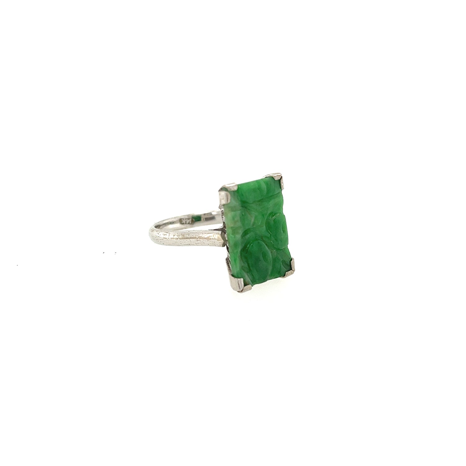Vintage Carved Jade Ring in 14K White Gold