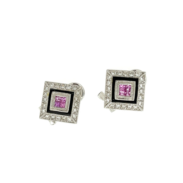 Estate Collection Pink Sapphire, Diamond and Enamel Earrings in 18K White Gold