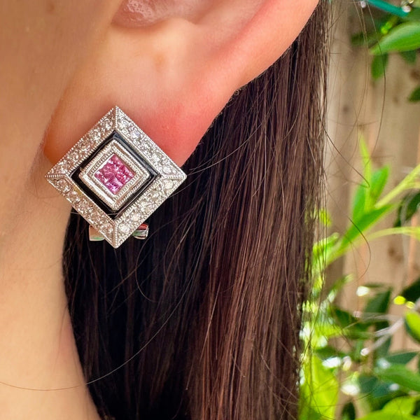 Estate Collection Pink Sapphire, Diamond and Enamel Earrings in 18K White Gold