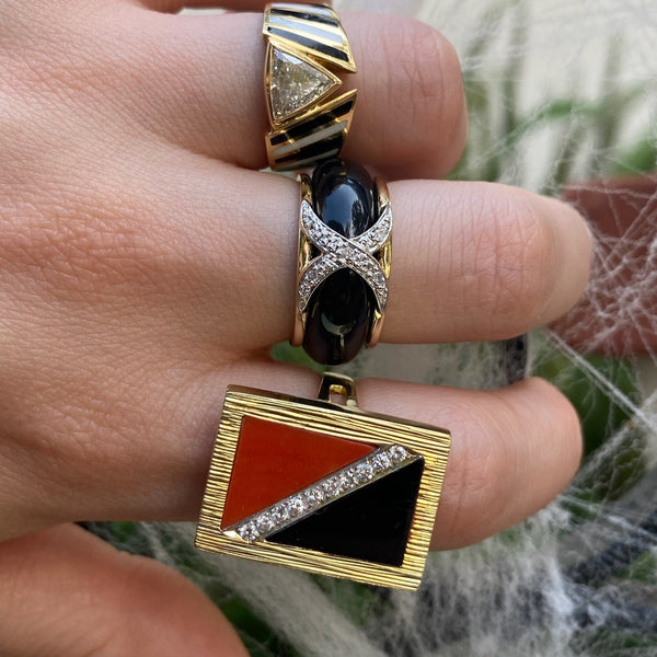 Onyx, Orange Jade & Diamond Ring in 18k