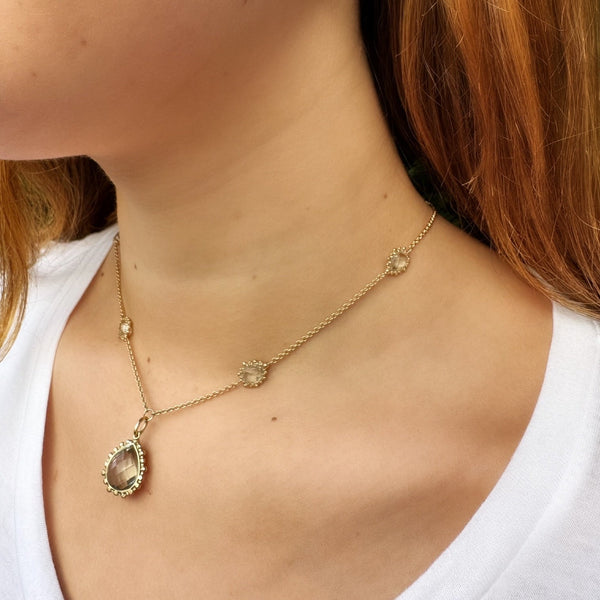 Vintage Prasiolite Dew Drop Necklace Signed Anzie in 14K