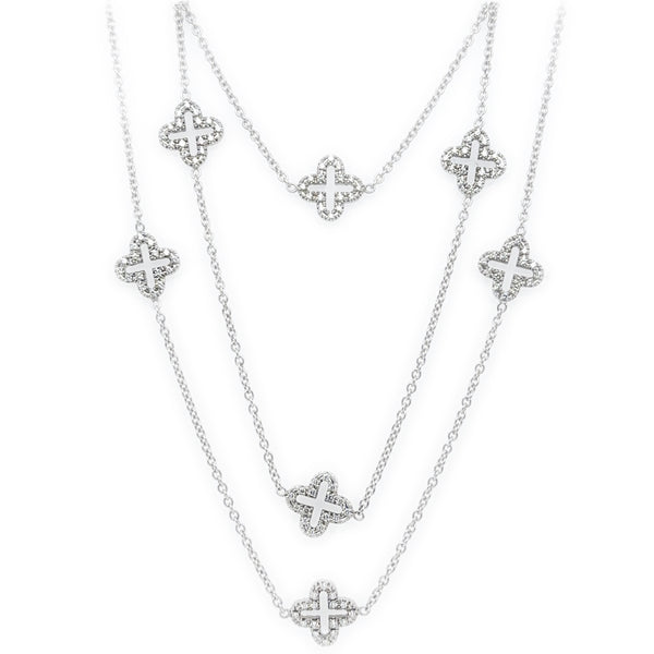 Vintage Pave Double Sided Diamond Open Clover Motif Necklace in 18K