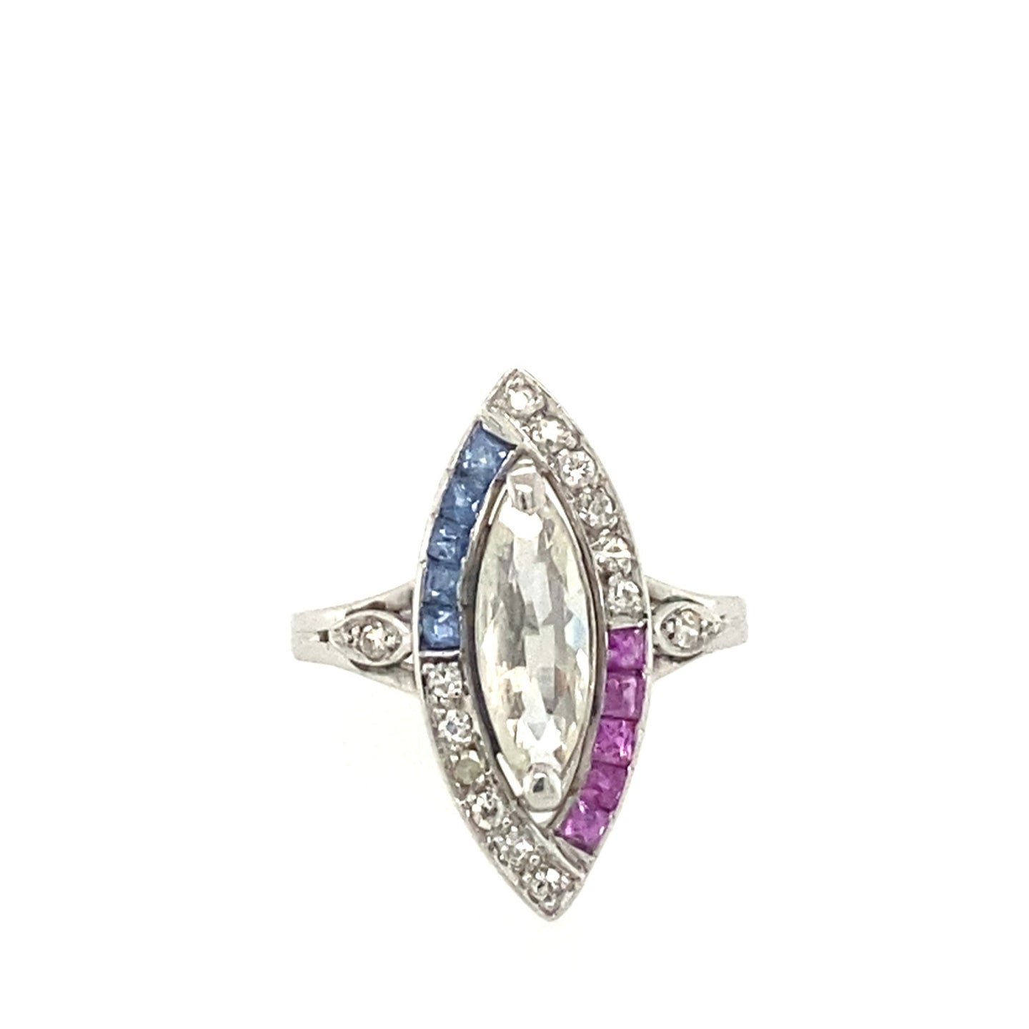 Antique Art Deco Diamond, Ruby & Sapphire Ring in Platinum