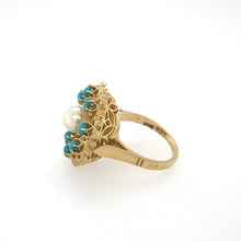 Load image into Gallery viewer, Vintage Turquoise &amp; Pearl Cocktail Ring in 18K Circa 1970&#39;s
