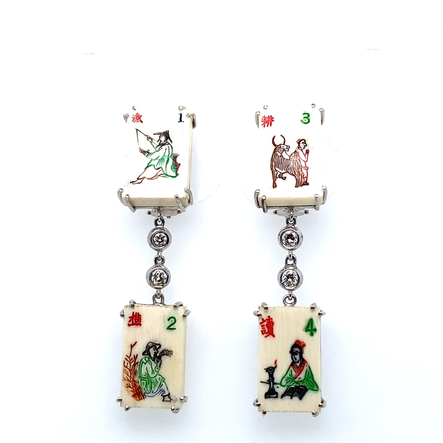 Mahjong Tile Earrings with Bezeled Diaminds in 14K