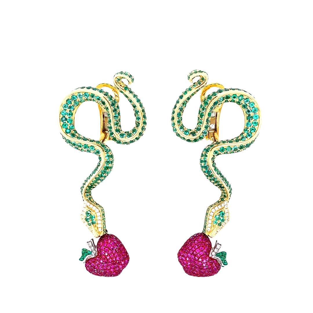 Serpent with Apple Earrings in 18k with Pavé Diamonds, Rubies, and Emeralds