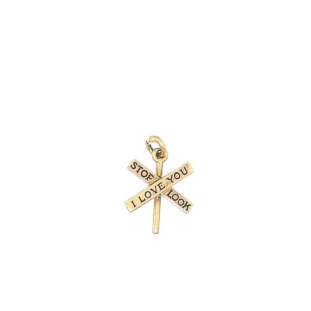 Vintage Railroad Sign Stop Look I Love You Charm in 14K