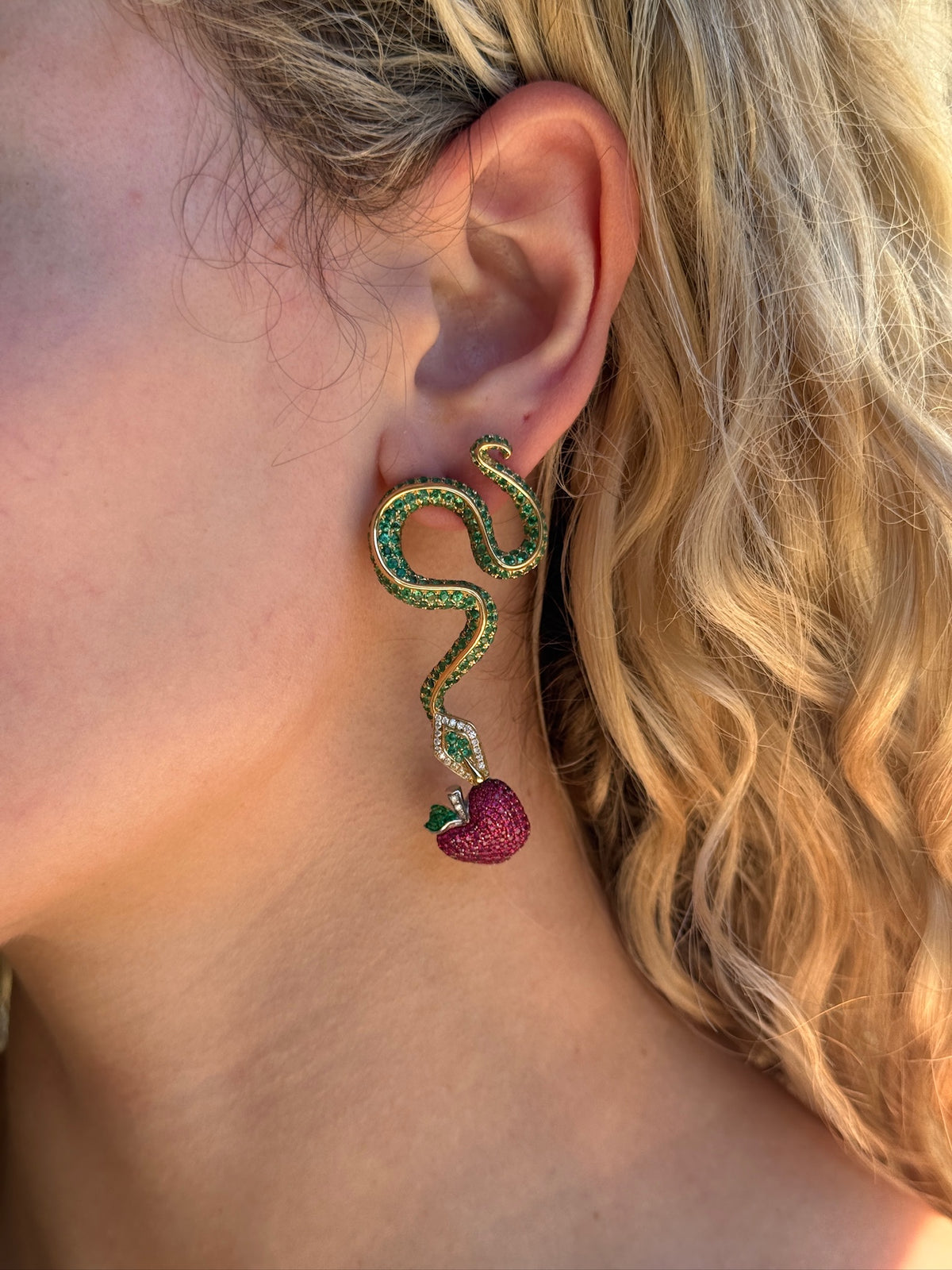 Serpent with Apple Earrings in 18k with Pavé Diamonds, Rubies, and Emeralds