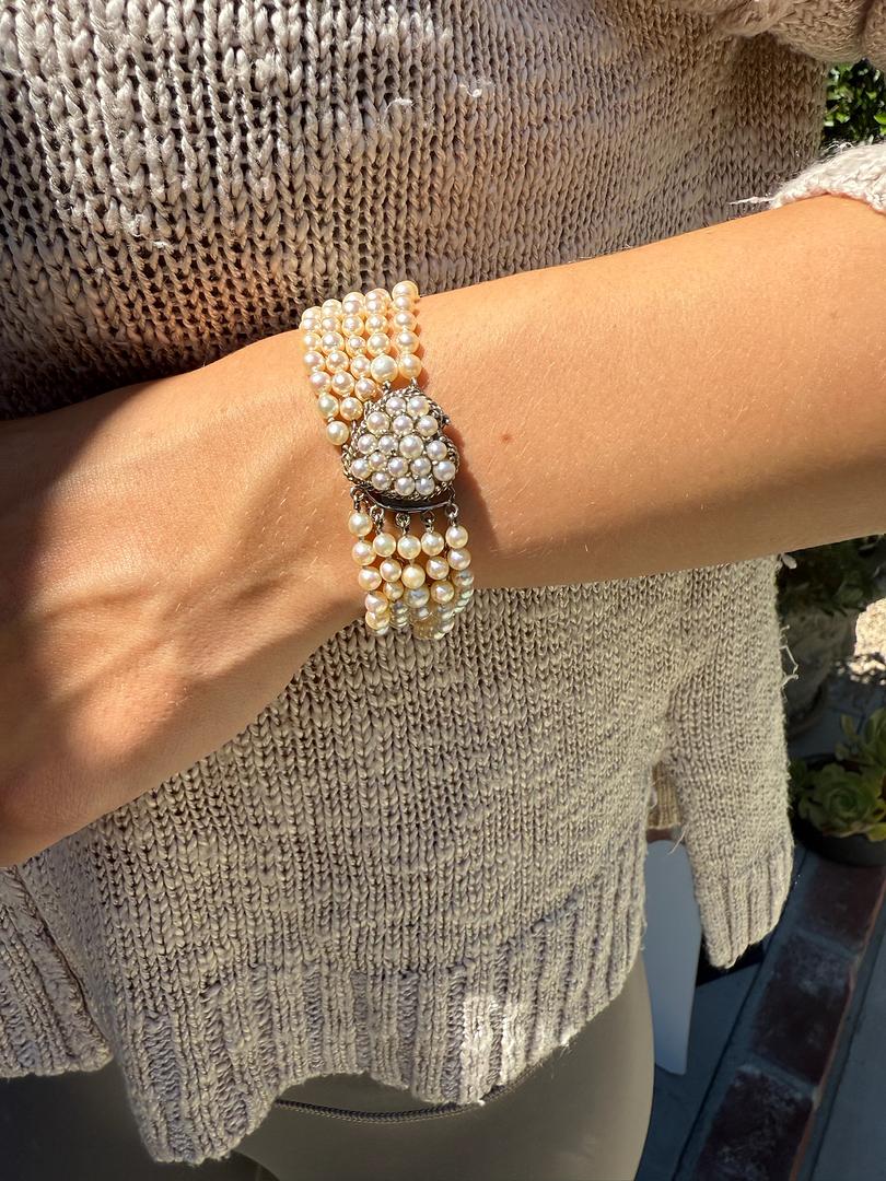 Vintage Five Strand Pearl Bracelet with Heart Clasp in 14K White Gold