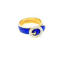 Load image into Gallery viewer, Vintage Buckle Ring in Blue Enamel, Diamonds &amp; 18K Gold
