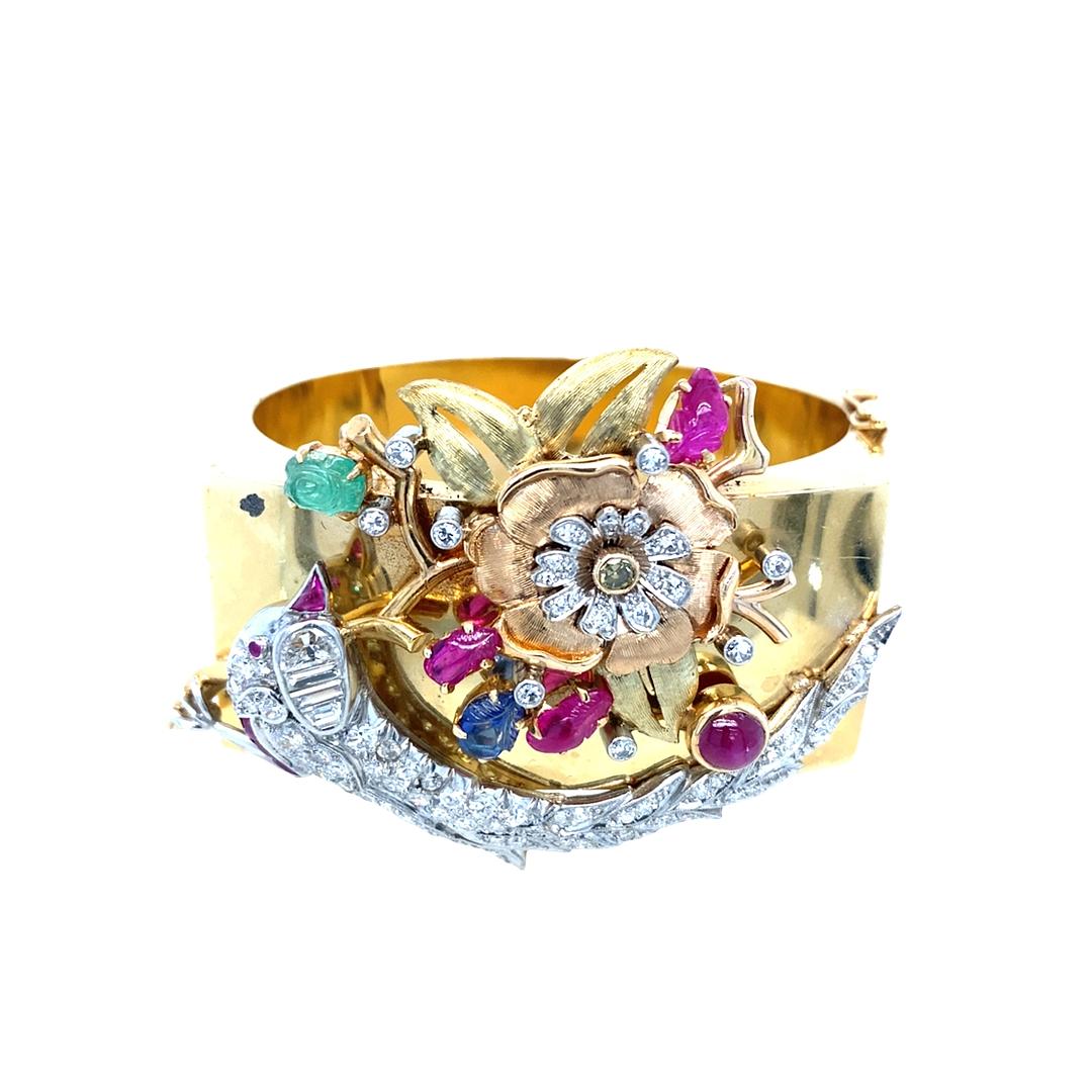 Vintage Retro Multi Gemstone Hinge Bracelet with Carved Rubies, Sapphires, Emeralds, and Diamonds in 14k