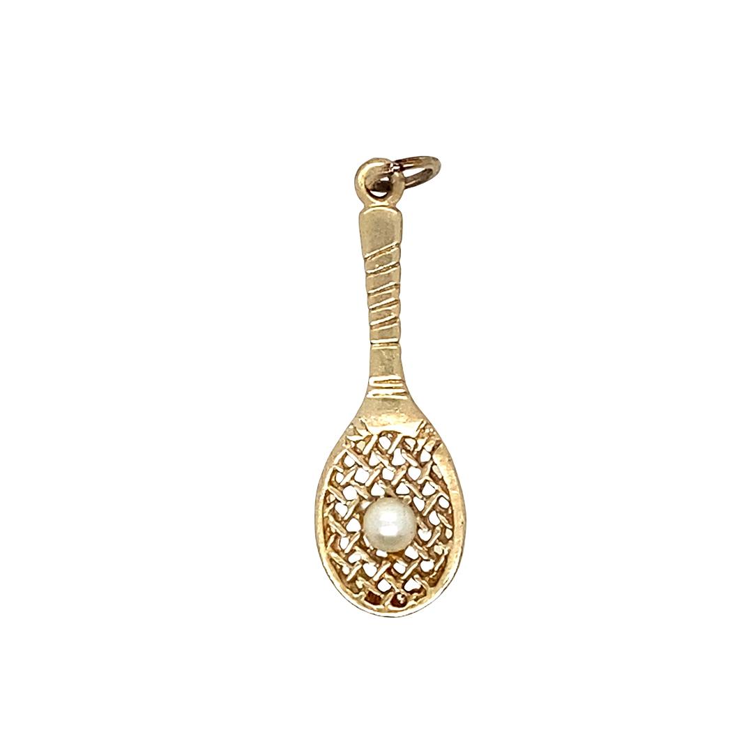 Vintage Tennis Racquet Charm with Pearl in 14k