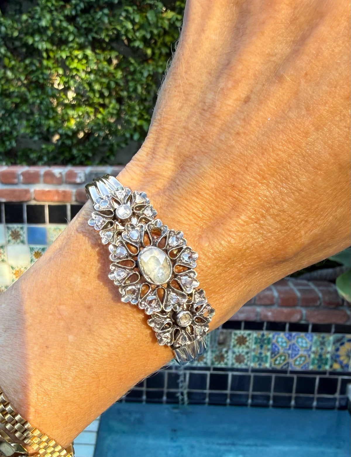 Vintage Polki Diamond Hinge Cuff in Silver and 14k Yellow Gold