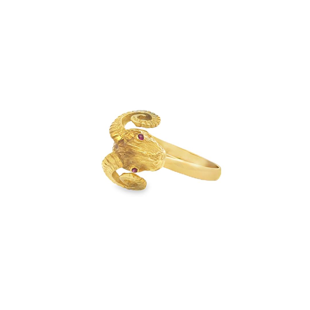 Vintage Reimagined Diamond and Ruby Ram Ring in 18K Gold