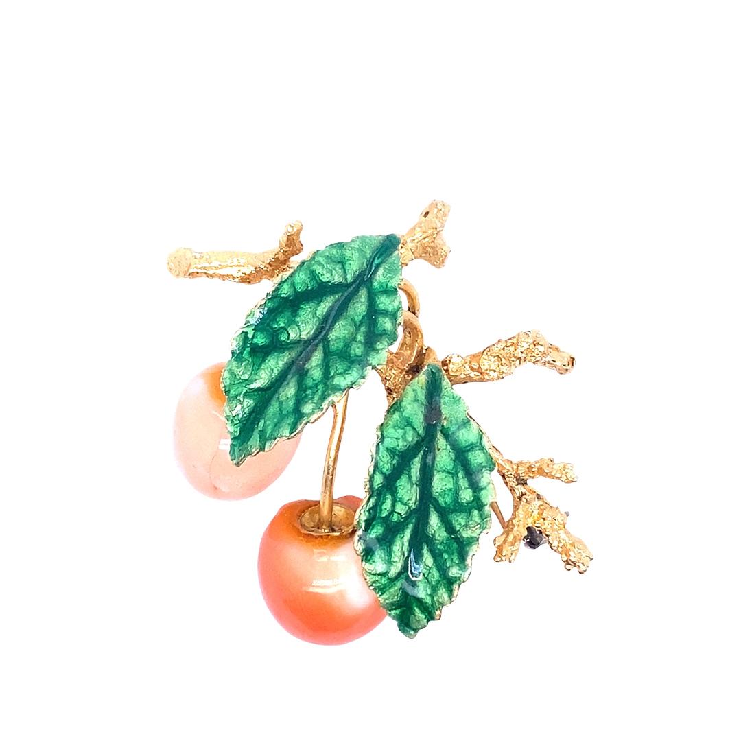 Vintage Cherry Pin in Coral and Enamel in 18k
