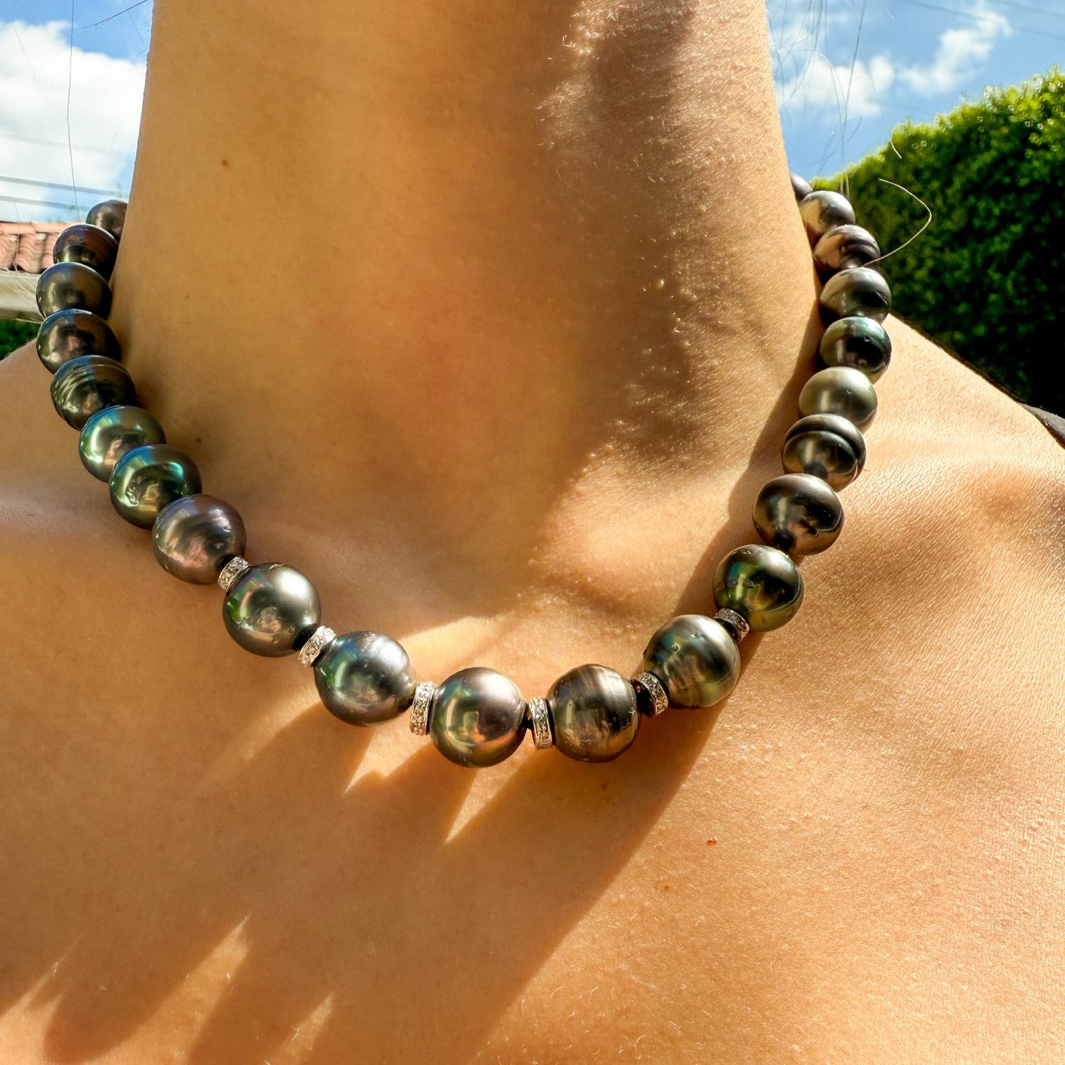 Semi Baroque Black Pearl Necklace with 6 Diamond Rondelles in 14K