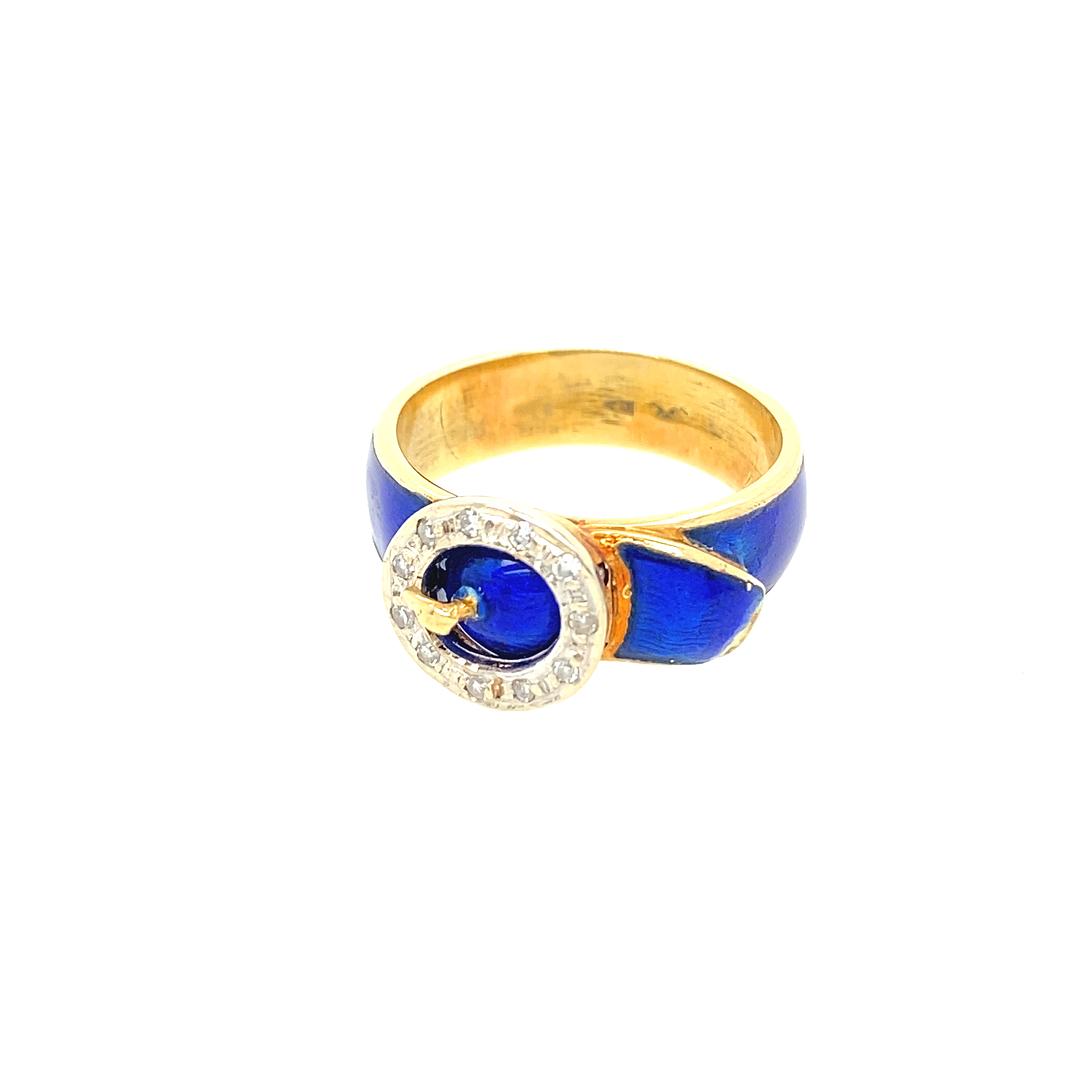 Vintage Buckle Ring in Blue Enamel, Diamonds & 18K Gold