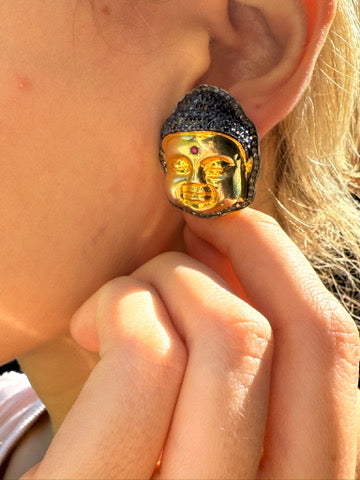 Sapphire, Diamond and Ruby Budda Earrings in 18k Vermeil