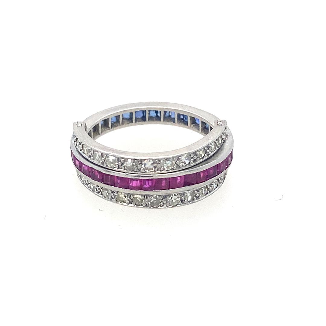 Vintage Diamond Ruby and Sapphire Ring in 18K White Gold