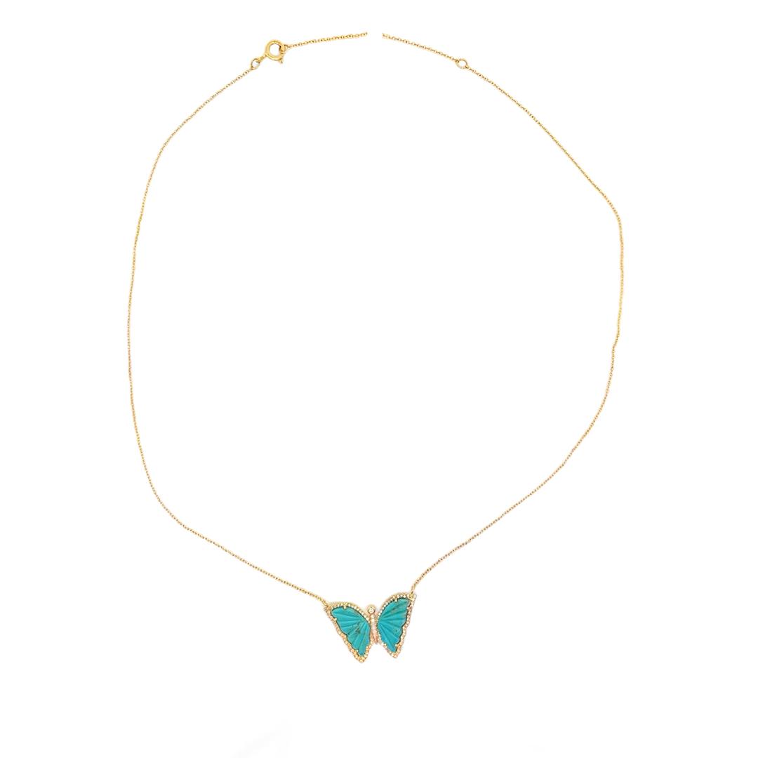 Turquoise Diamond Butterfly Necklace in 14k