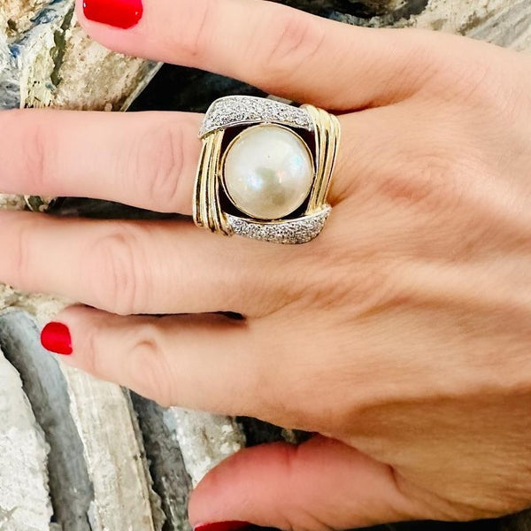 Vintage Mabe Pearl Ring with Diamonds in 14k
