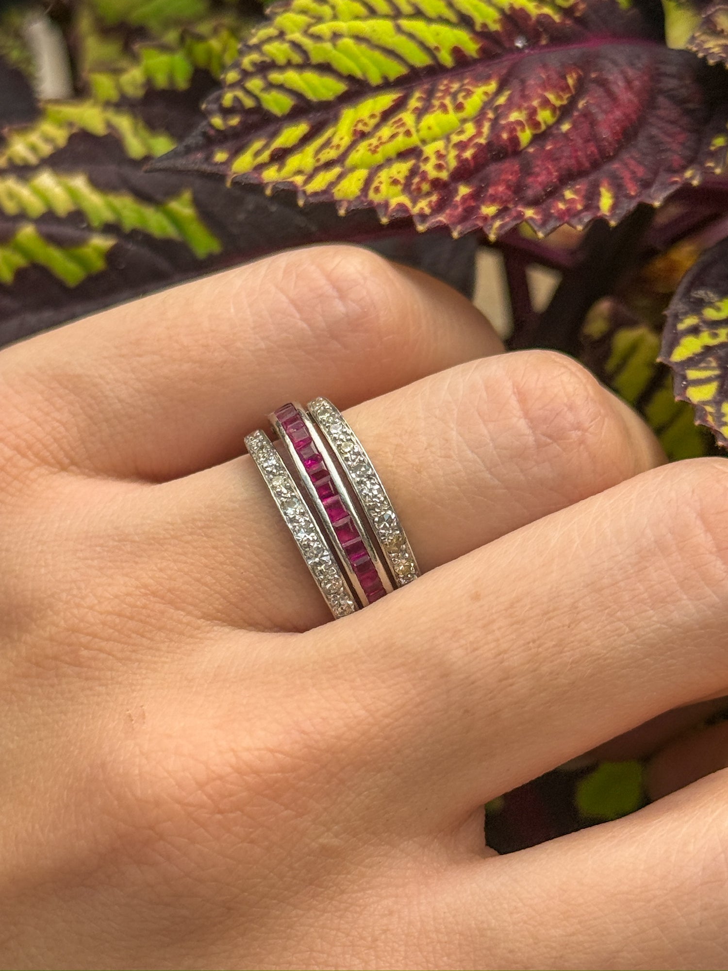 Vintage Diamond Ruby and Sapphire Ring in 18K White Gold