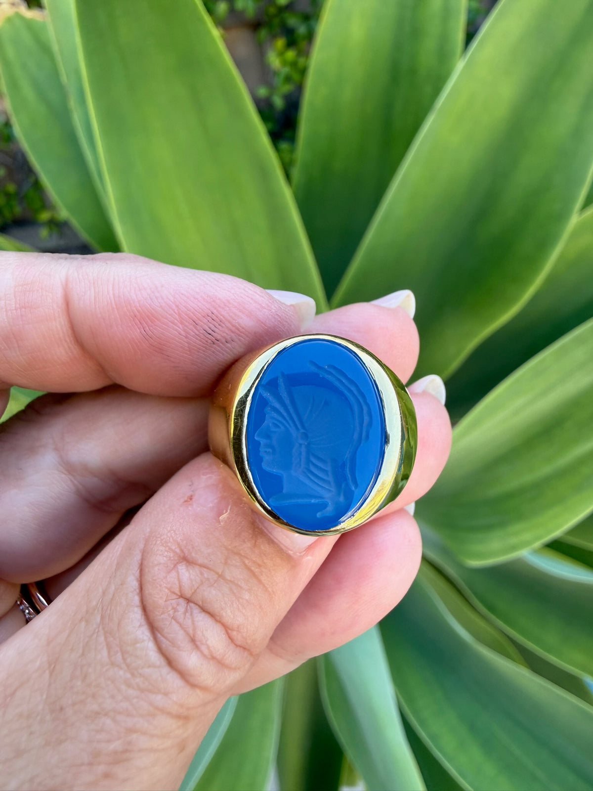Vintage Blue Chalcedony Roman Signet Ring in 18k