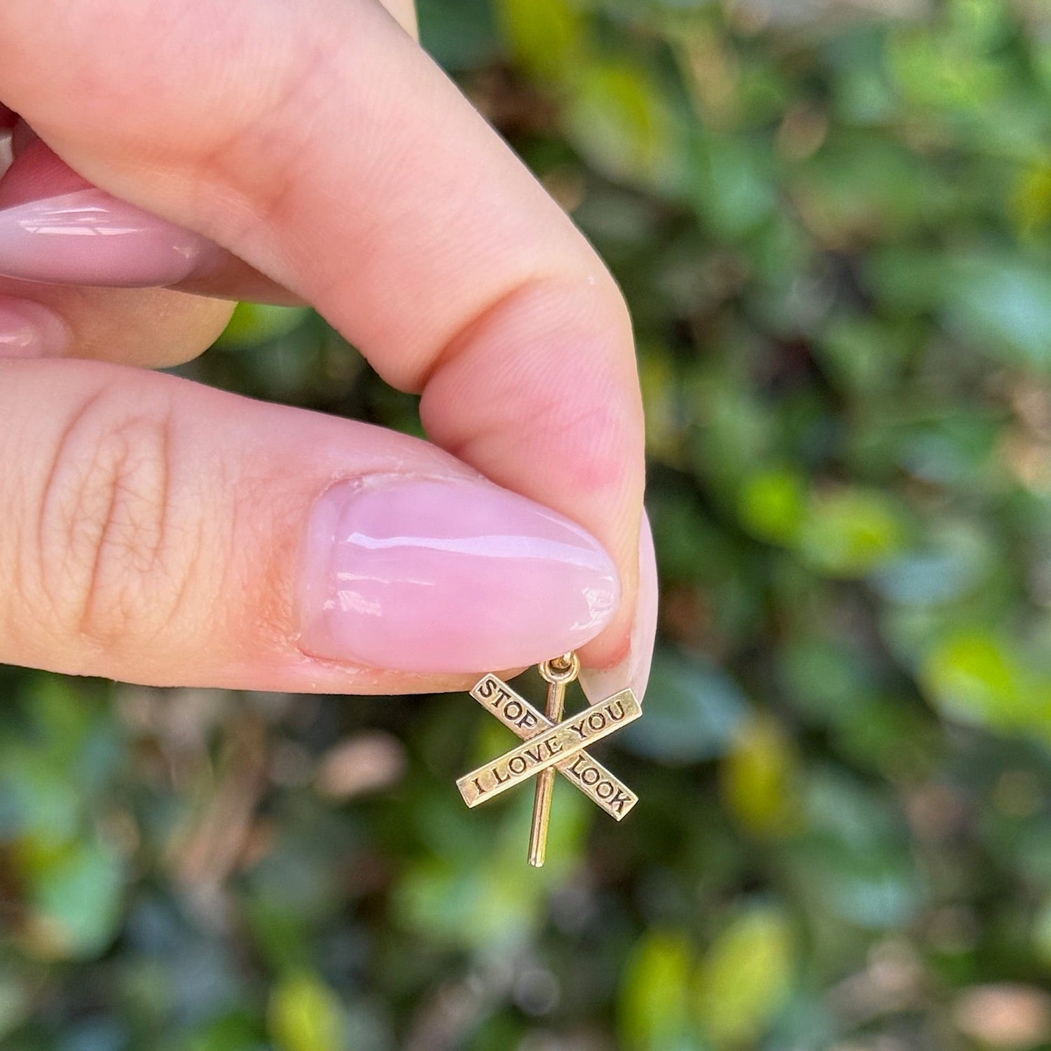 Vintage Railroad Sign Stop Look I Love You Charm in 14K