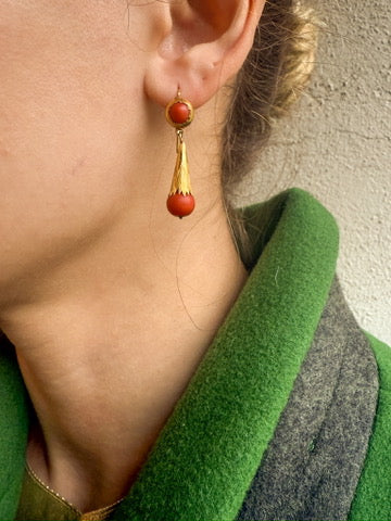 Antique Red Coral Earrings in 18K