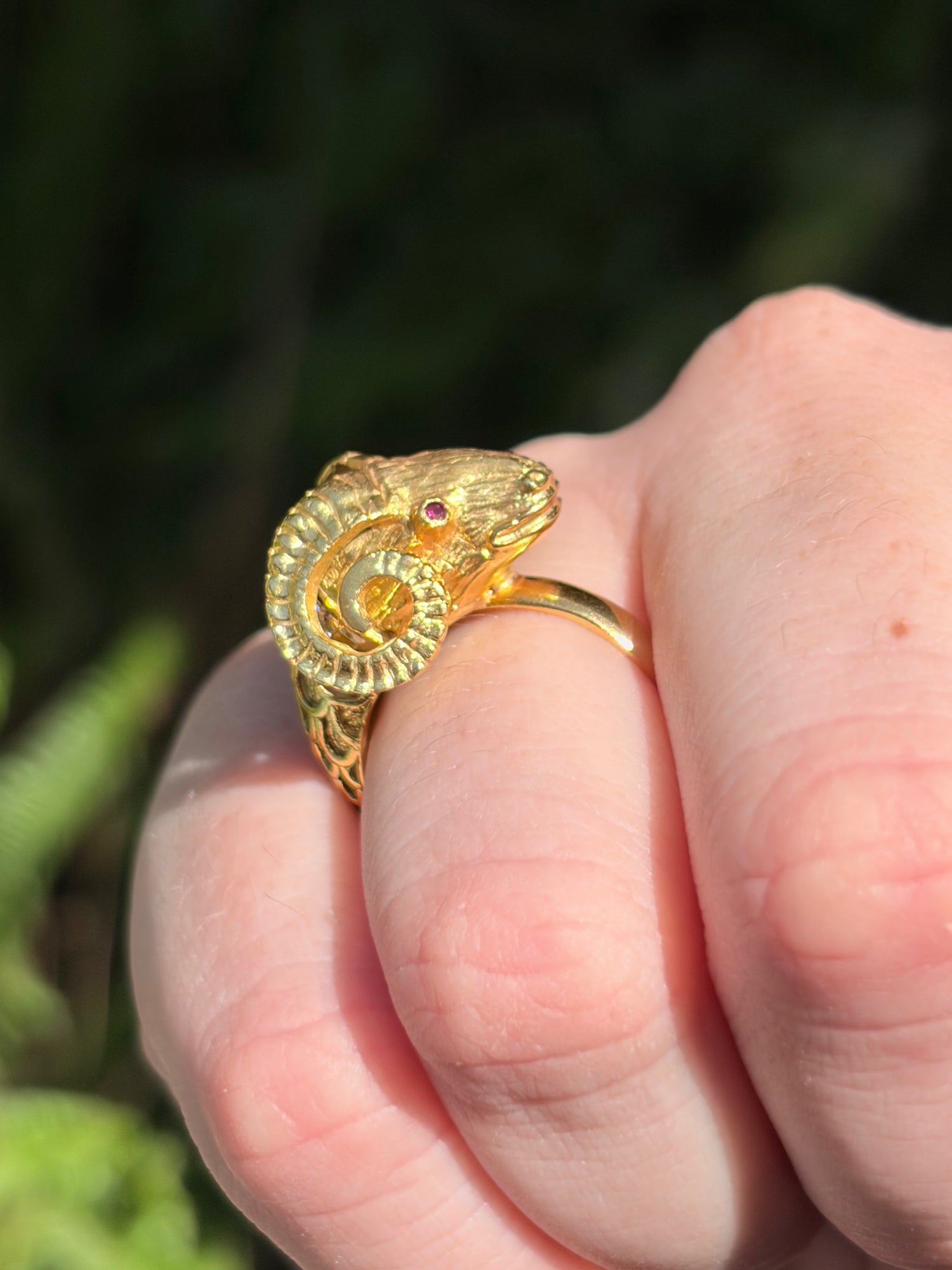 Vintage Reimagined Diamond and Ruby Ram Ring in 18K Gold