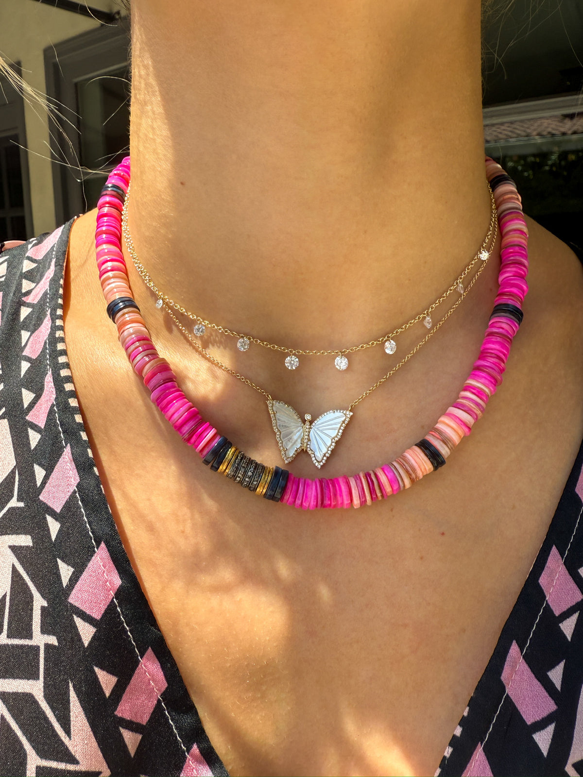 Carved White Mother of Pearl Diamond Butterfly Necklace in 14k